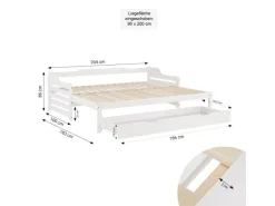 Homestyle4u Tagesbett Ausziehbett 90x200 cm mit Bettkasten Weiß mit Lattenrost 2799