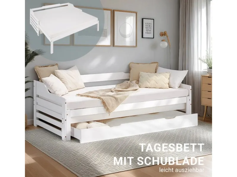 Homestyle4u Tagesbett Ausziehbett 90x200 cm mit Bettkasten Weiß mit Lattenrost 2799