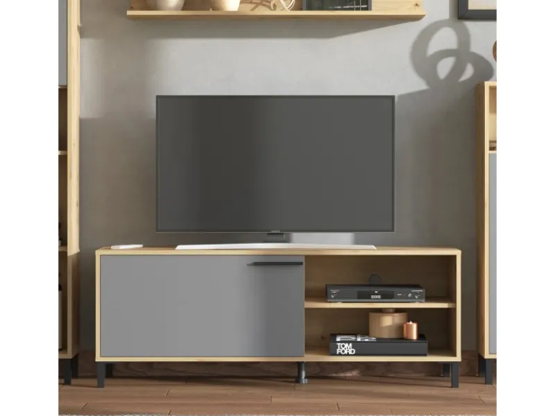 New Homestyle4u Wohnwand TV Board Holz TV-Schrank Sideboard Grau Natur