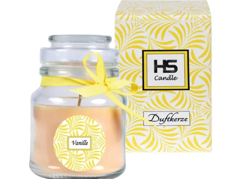 HS Candle Duftkerze & Glas Duft Schriftzug Bonbon Ø7 cm Vanille