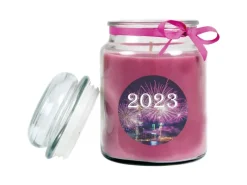 New HS Candle Duftkerze & Glas Neujahr Lila Bonbon 110h