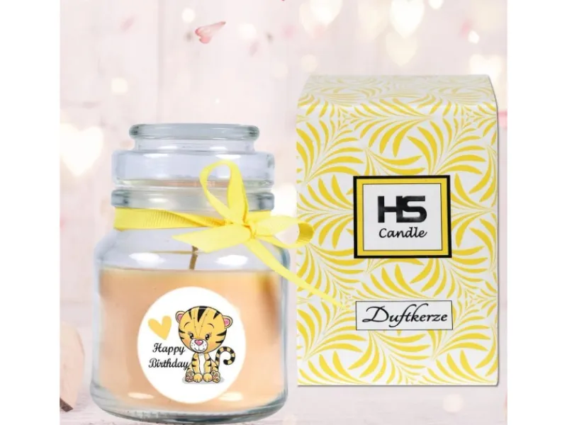 Online HS Candle Duftkerze & Glas Happy Birthday Bonbon Vanille Tiger