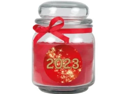 HS Candle Duftkerze & Glas Neujahr Rot Bonbon 70h