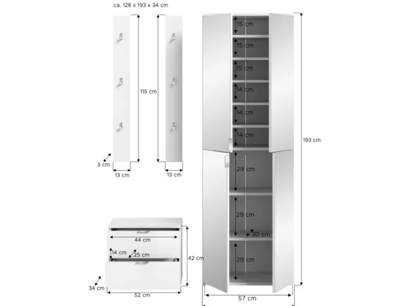 Inn.Furn Garderoben-Set 4-teilig in Weiß Hochglanz 128 cm SystemX