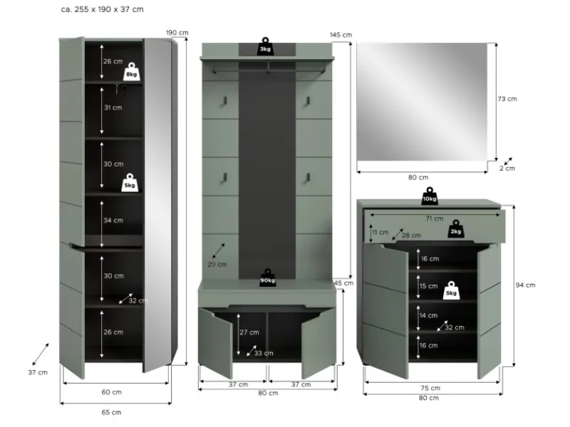 Inn.Furn Garderoben-Set 5-teilig in Salbei und Grau 255 cm Cooper