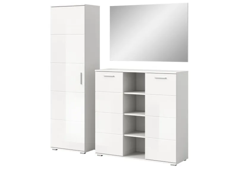 Best Inn.Furn Garderoben-Set 3-teilig Weiß Hochglanz 180 cm mit 13 Fächern Grazie