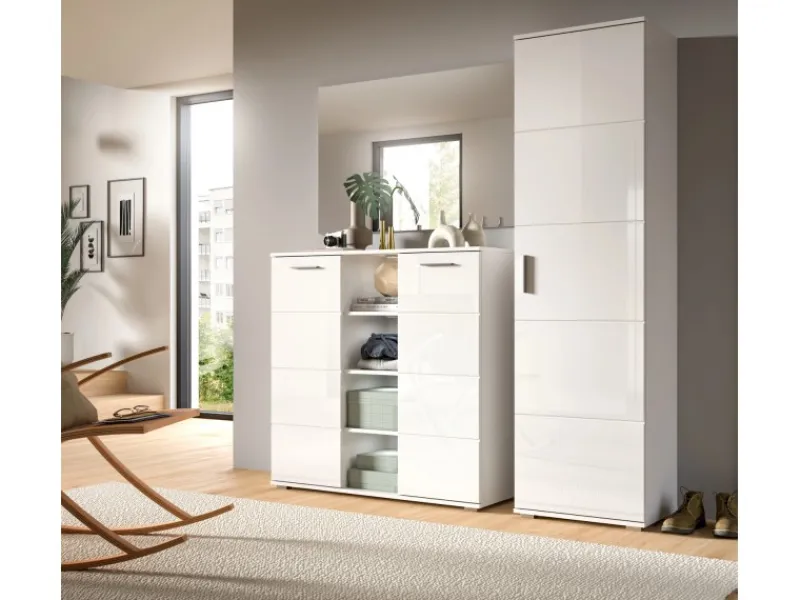 Best Inn.Furn Garderoben-Set 3-teilig Weiß Hochglanz 180 cm mit 13 Fächern Grazie