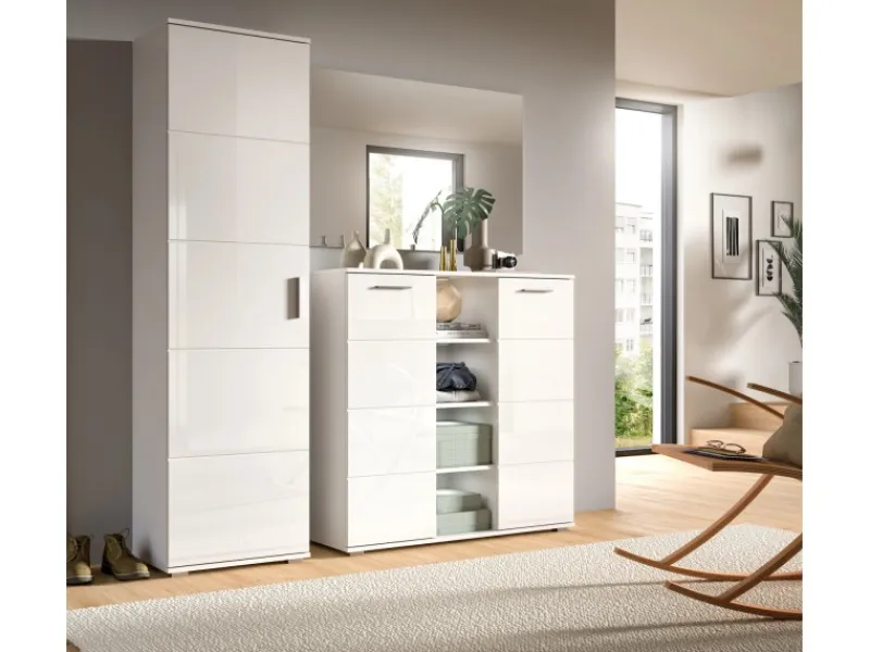 Best Inn.Furn Garderoben-Set 3-teilig Weiß Hochglanz 180 cm mit 13 Fächern Grazie