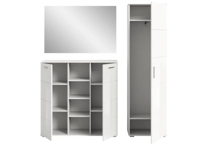 Best Inn.Furn Garderoben-Set 3-teilig Weiß Hochglanz 180 cm mit 13 Fächern Grazie