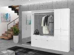 Inn.Furn Garderoben-Set 4-teilig Weiß Hochglanz 243 cm mit Spiegel SystemX