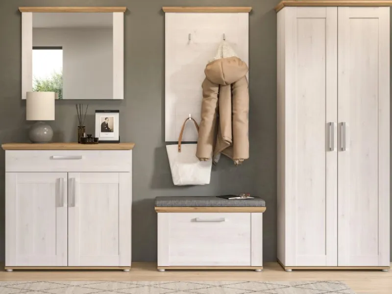 New Inn.Furn Garderoben-Set 5-teilig Weiß Lärche 285 cm Landhaus-Stil Mirano