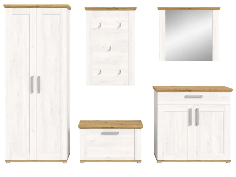 New Inn.Furn Garderoben-Set 5-teilig Weiß Lärche 285 cm Landhaus-Stil Mirano