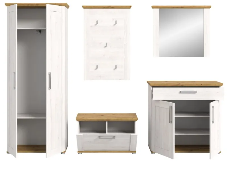 New Inn.Furn Garderoben-Set 5-teilig Weiß Lärche 285 cm Landhaus-Stil Mirano