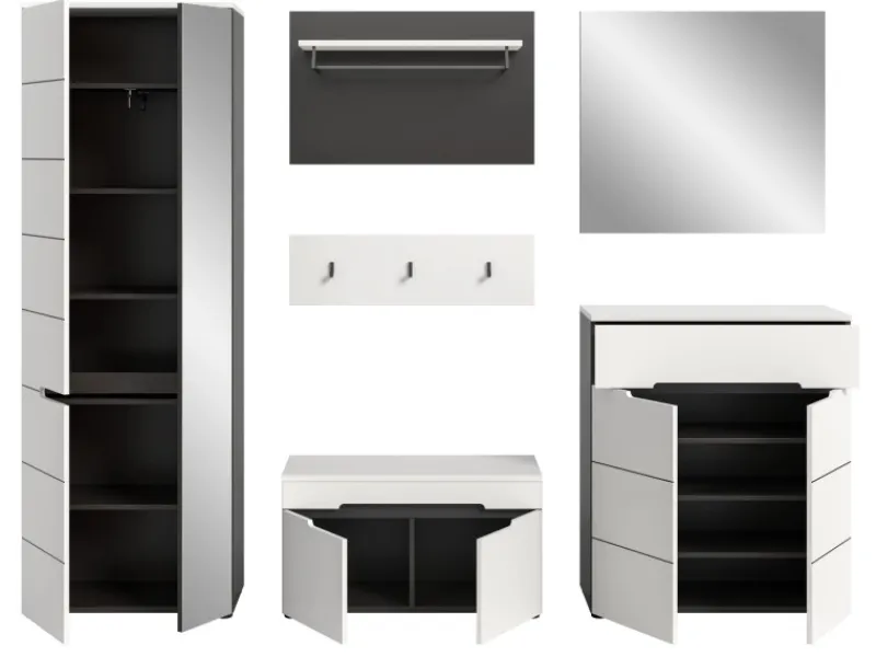 Inn.Furn Garderoben-Set 6-teilig in Weiß und Grau 255 cm Cooper