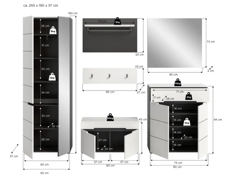 Inn.Furn Garderoben-Set 6-teilig in Weiß und Grau 255 cm Cooper
