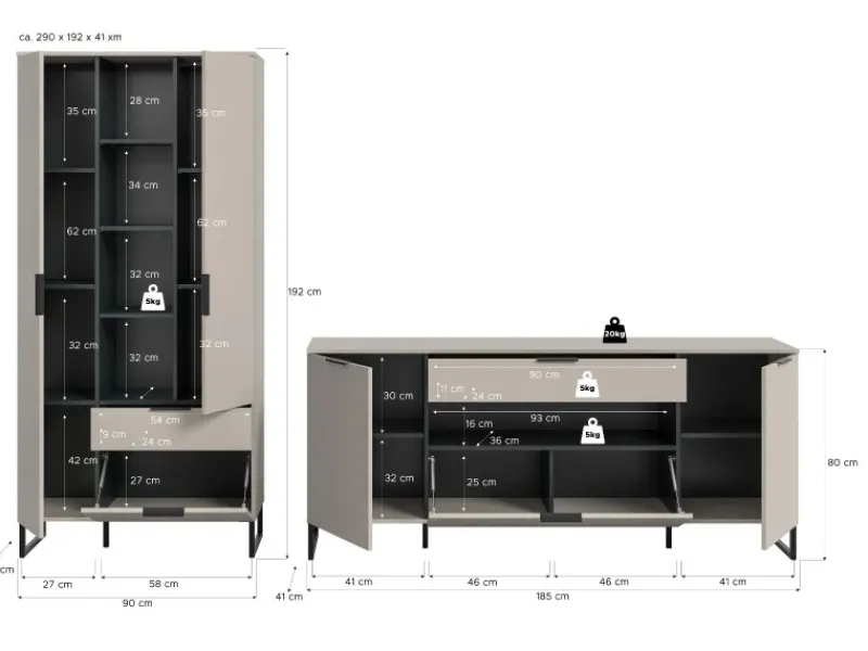 Inn.Furn Wohnwand in Kaschmir und Schwarz 290 cm Morena