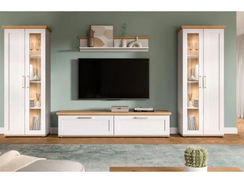 Inn.Furn Wohnwand in Weiß Lärche Landhaus 4-teilig 316 cm Mirano