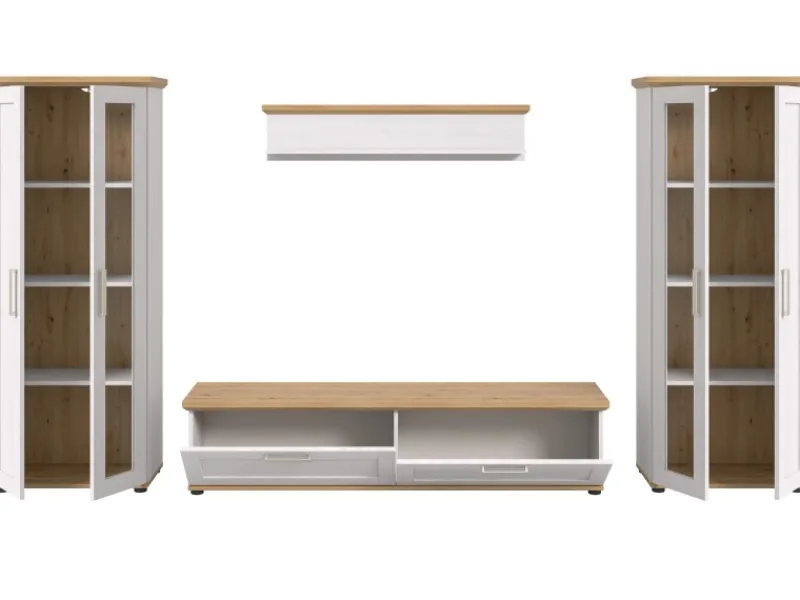 Inn.Furn Wohnwand in Weiß Lärche Landhaus 4-teilig 316 cm Mirano