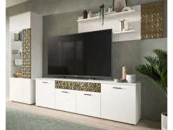 Inn.Furn Wohnwand Weiß Gold 3-teilig 305 cm Fühlbare 3D-Struktur Relief