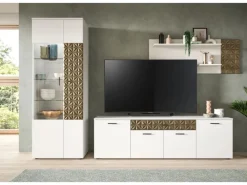 Inn.Furn Wohnwand Weiß Gold 3-teilig 305 cm Fühlbare 3D-Struktur Relief