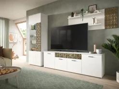 Inn.Furn Wohnwand Weiß Gold 3-teilig 305 cm Fühlbare 3D-Struktur Relief