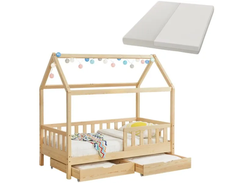 Sale Juskys Kinderbett Marli 80 x 160 cm mit Bettkasten und Matratze Natur