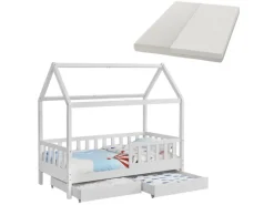 Hot Juskys Kinderbett Marli 80 x 160 cm mit Bettkasten und Matratze Weiß