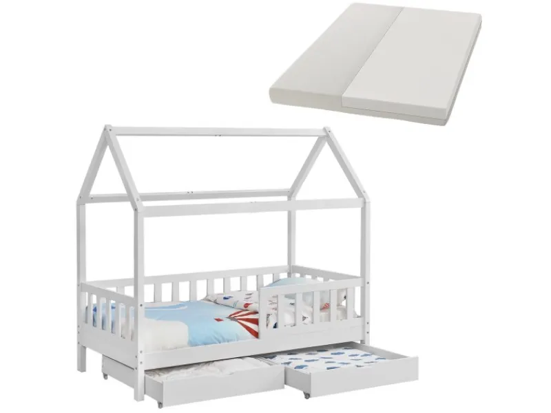 Hot Juskys Kinderbett Marli 80 x 160 cm mit Bettkasten und Matratze Weiß