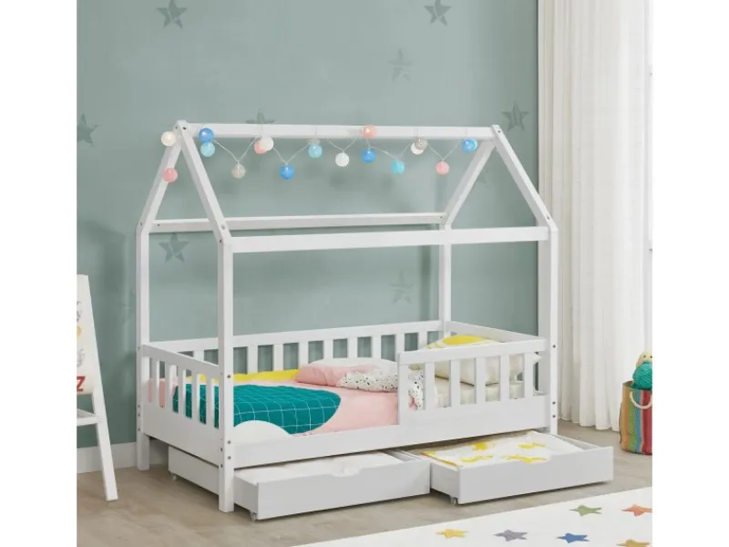 Hot Juskys Kinderbett Marli 80 x 160 cm mit Bettkasten und Matratze Weiß