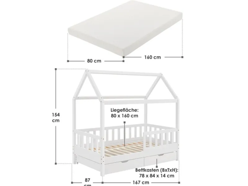 Hot Juskys Kinderbett Marli 80 x 160 cm mit Bettkasten und Matratze Weiß