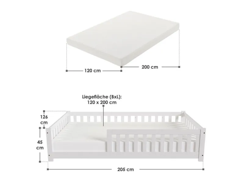 New Juskys Kinderbett Naya 120 x 200 cm mit Matratze Weiß