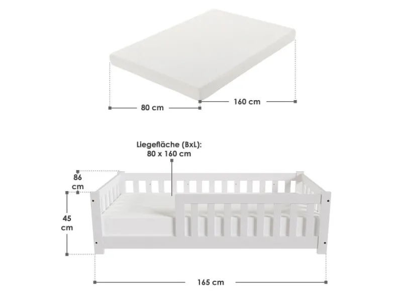 Juskys Kinderbett Naya 80 x 160 cm mit Matratze Weiß