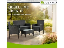 Juskys Polyrattan Gartenmöbel Sitzgruppe Fort Myers Schwarz und Dunkelgraue Bezüge