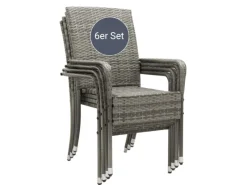 Juskys Polyrattan Gartenstühle Yoro 6er Set Stapelbar mit Armlehnen Grau Meliert