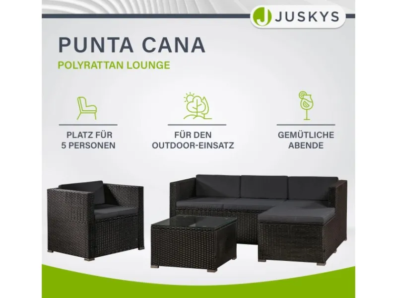 Discount Juskys Polyrattan Lounge Sitzgarnitur Punta Cana L Schwarz mit Bezügen in Dunkelgrau Schwarz-Dunkelgrau