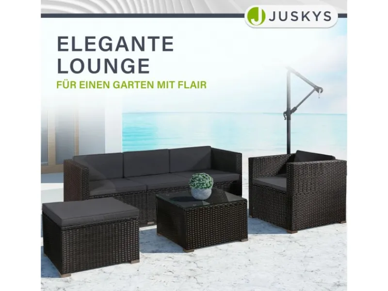 Discount Juskys Polyrattan Lounge Sitzgarnitur Punta Cana L Schwarz mit Bezügen in Dunkelgrau Schwarz-Dunkelgrau