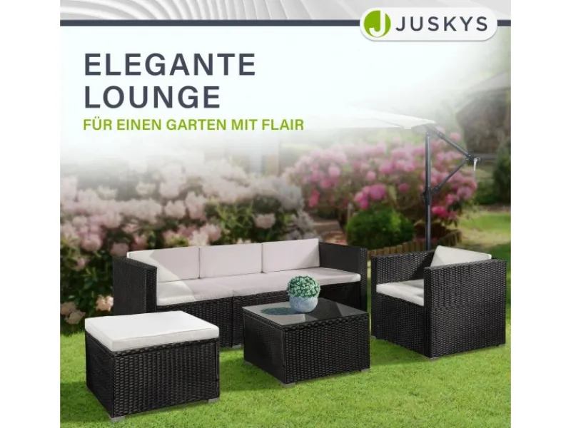 Juskys Polyrattan Lounge Sitzgarnitur Punta Cana L Schwarz mit Bezügen in Creme