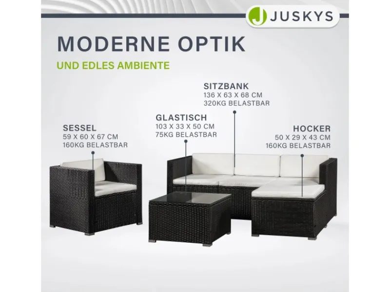 Juskys Polyrattan Lounge Sitzgarnitur Punta Cana L Schwarz mit Bezügen in Creme