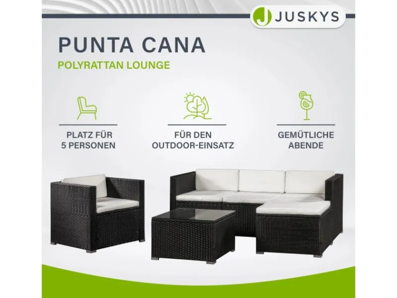 Juskys Polyrattan Lounge Sitzgarnitur Punta Cana L Schwarz mit Bezügen in Creme