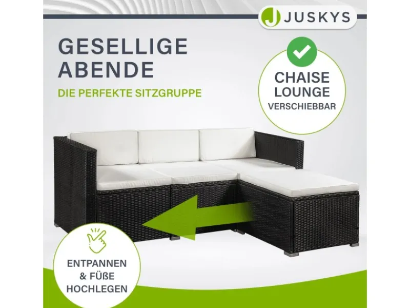 Juskys Polyrattan Lounge Sitzgarnitur Punta Cana L Schwarz mit Bezügen in Creme