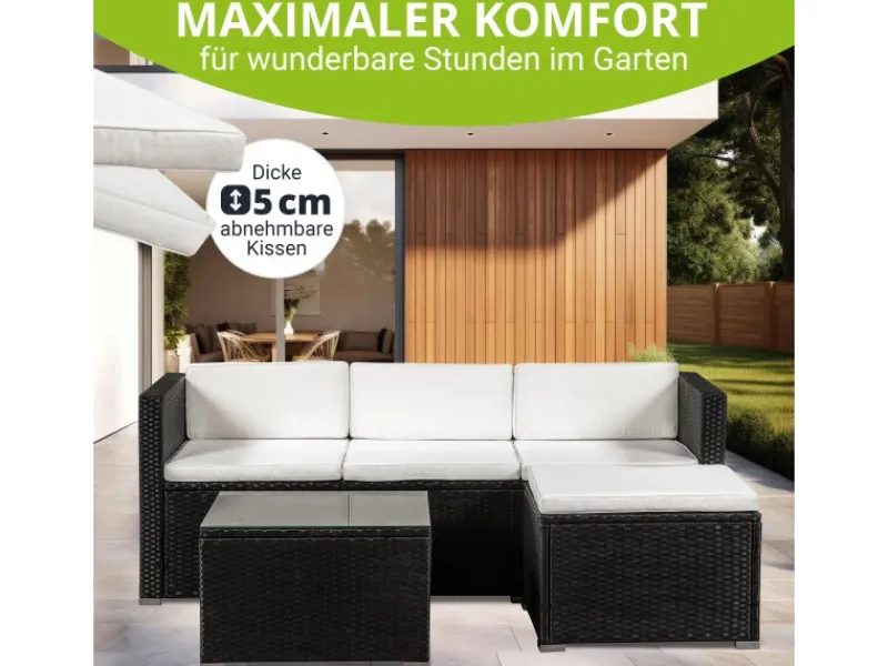 Juskys Polyrattan Lounge Sitzgarnitur Punta Cana M Schwarz mit Bezügen in Creme