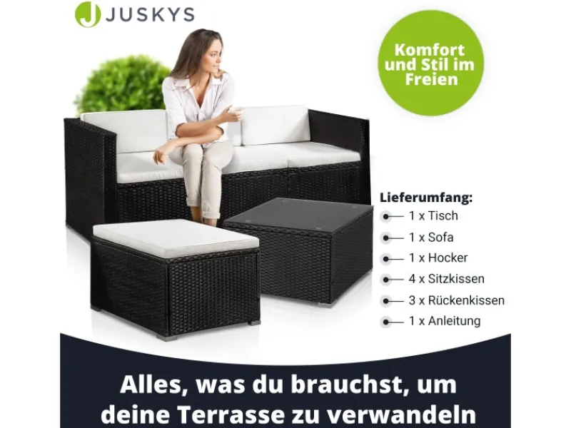 Juskys Polyrattan Lounge Sitzgarnitur Punta Cana M Schwarz mit Bezügen in Creme