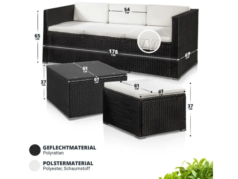 Juskys Polyrattan Lounge Sitzgarnitur Punta Cana M Schwarz mit Bezügen in Creme