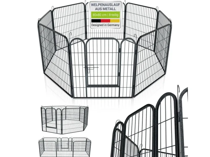 Juskys Welpenauslauf Plus aus Metall mit Doppelt Verriegelbarer Tür 8 Teilig