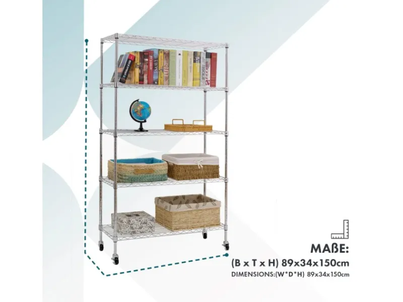 Online Karat Gitterregal Maya mit Rollen und Feststellbremse 5 Böden 89 x 34 x 150 cm Verchromt