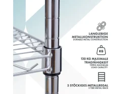 Online Karat Gitterregal Maya mit Rollen und Feststellbremse 5 Böden 89 x 34 x 150 cm Verchromt