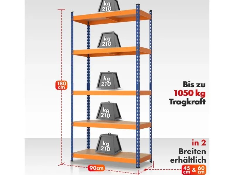 Karat Schwerlastregal Rhino bis 1050 kg Pulverbeschichtet 180 x 90 x 45 cm Blau-Orange