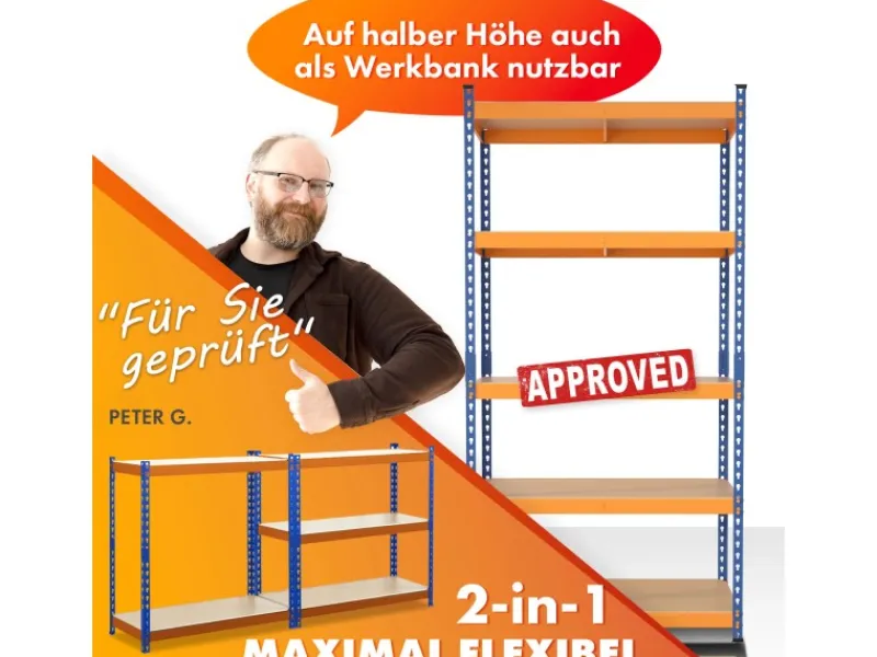 Karat Schwerlastregal Rhino bis 1050 kg Pulverbeschichtet 180 x 90 x 45 cm Blau-Orange