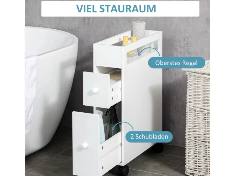 kleankin Badezimmerschrank mit Rollen 2 Schubladen 16 x 49,5 x 66 cm