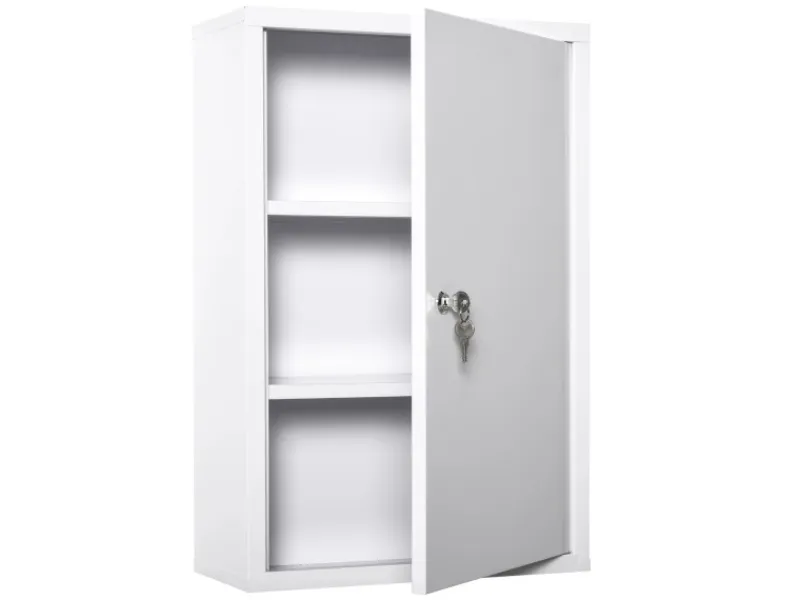 kleankin Medizinschrank mit Schloss 3 Fächer Stahl Weiß 40 x 18 x 60 cm